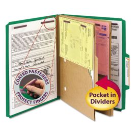 6-Section Pressboard Top Tab Pocket Classification Folders, 6 SafeSHIELD Fasteners, 2 Dividers, Letter Size, Green, 10/Box