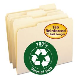 100% Recycled Reinforced Top Tab File Folders, 1/3-Cut Tabs: Assorted, Letter Size, 0.75" Expansion, Manila, 100/Box