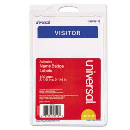 "Visitor" Self-Adhesive Name Badges, 3 1/2 x 2 1/4, White/Blue, 100/Pack