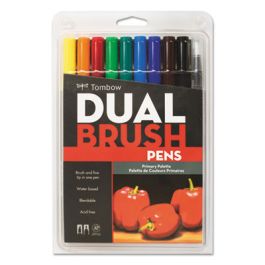 Dual Brush Pen 10-Color Set, Fine/Broad Brush/Conical Tips, Assorted Primary Colors, 10/Pack