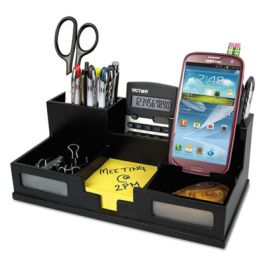 Midnight Black Desk Organizer with Smartphone Holder, 6 Compartments, Wood, 10.5 x 5.5 x 4