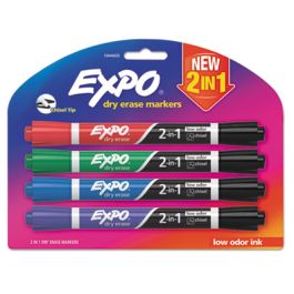 2-in-1 Dry Erase Markers, Fine/Broad Chisel Tips, Assorted Primary Colors, 4/Pack
