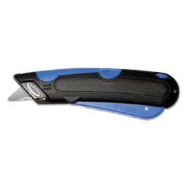 Easycut Self-Retracting Cutter with Safety-Tip Blade, Holster and Lanyard, 6" Plastic Handle, Black/Blue
