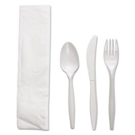 Four-Piece Cutlery Kit, Fork/Knife/Napkin/Teaspoon, White, Polypropylene, 250/Carton