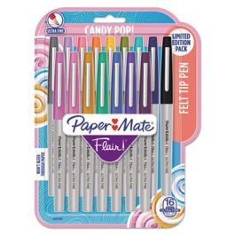 Flair Felt Tip Porous Point Pen, Stick, Extra-Fine 0.4 mm, Assorted Ink Colors, Gray Barrel, 16/Pack