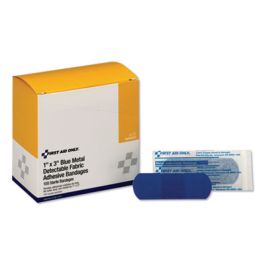 Adhesive Blue Metal Detectable Bandages, 1 x 3, Plastic with Foil, 100/Box, 12 Boxes/Carton