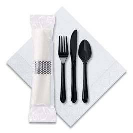 CaterWrap Cater to Go Express Cutlery Kit, Fork/Knife/Spoon/Napkin, Black, 100/Carton