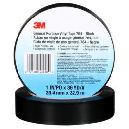 3M™ General Purpose Vinyl Tape 764, Black, 1 in x 36 yd, 5 mil, 36 Roll/Case, Individually Wrapped Conveniently Packaged