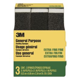 3M™ General Purpose Sanding Sponge 907NA-3P-CC, 3 3/4 in x 2 5/8 in x 1 in, Dual Grit, Extra Fine/Fine, 3 spgs/pack, 6 pks/cs