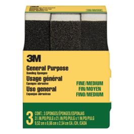 3M™ General Purpose Sanding Sponge 908NA-3P-CC, 3 3/4 in x 2 5/8 in x 1 in, Dual Grit, Fine/Medium, 3 sponges/pack, 6 pks/cs