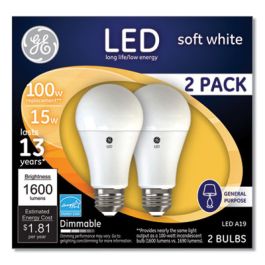 100W LED Bulbs, A19, 15 W, Soft White, 2/Pack