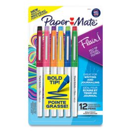 Flair Felt Tip Porous Point Pen, Stick, Bold 1.2 mm, Assorted Ink Colors, White Pearl Barrel, 12/Pack