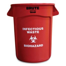 Vented Round Brute Container, "Infectious Waste: Biohazard" Imprint, 32 gal, Plastic, Red