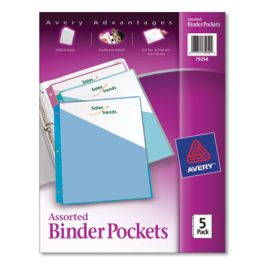 Binder Pockets, 3-Hole Punched, 9.25 x 11, Assorted Colors, 5/Pack