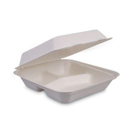 Bagasse Food Containers, Hinged-Lid, 3-Compartment 9 x 9 x 3.19, White, Sugarcane, 100/Sleeve, 2 Sleeves/Carton