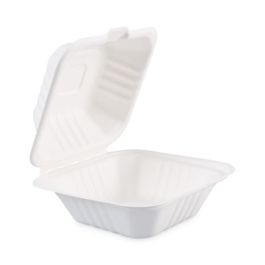 Bagasse Food Containers, Hinged-Lid, 1-Compartment 6 x 6 x 3.19, White, Sugarcane, 125/Sleeve, 4 Sleeves/Carton