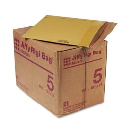 Jiffy Rigi Bag Mailer, #5, Square Flap, Self-Adhesive Closure, 10.5 x 14, Natural Kraft, 150/Carton